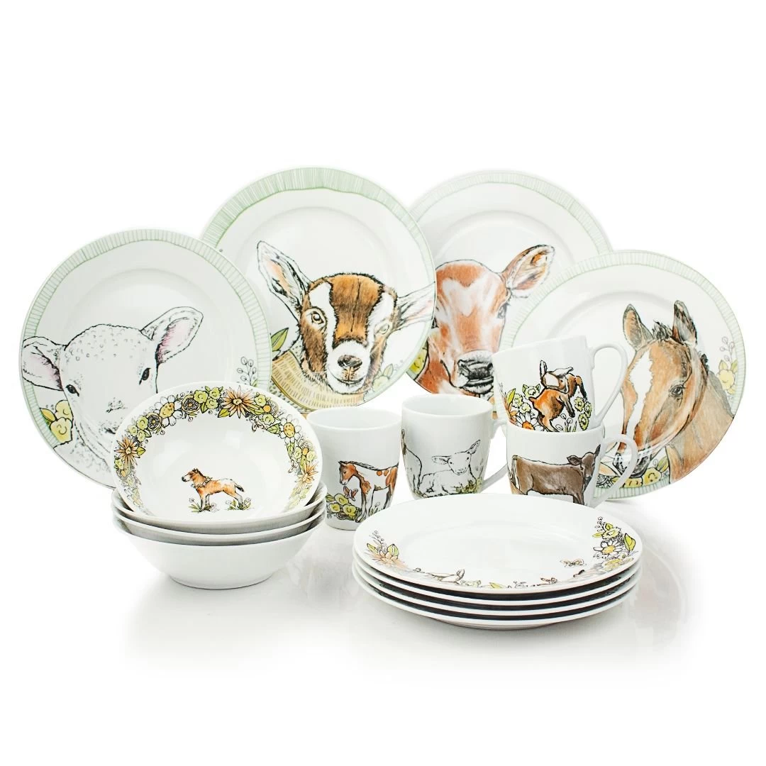 Everything Kitchens Barnyard Baby Animals 16-Piece Dinnerware Set With Mugs | Assorted