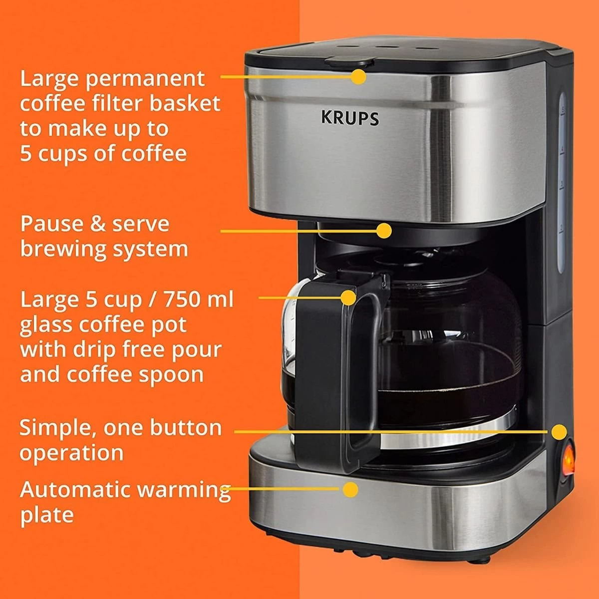 Krups Simply Brew 5-Cup Drip Coffee Maker | Stainless Steel - Image 7