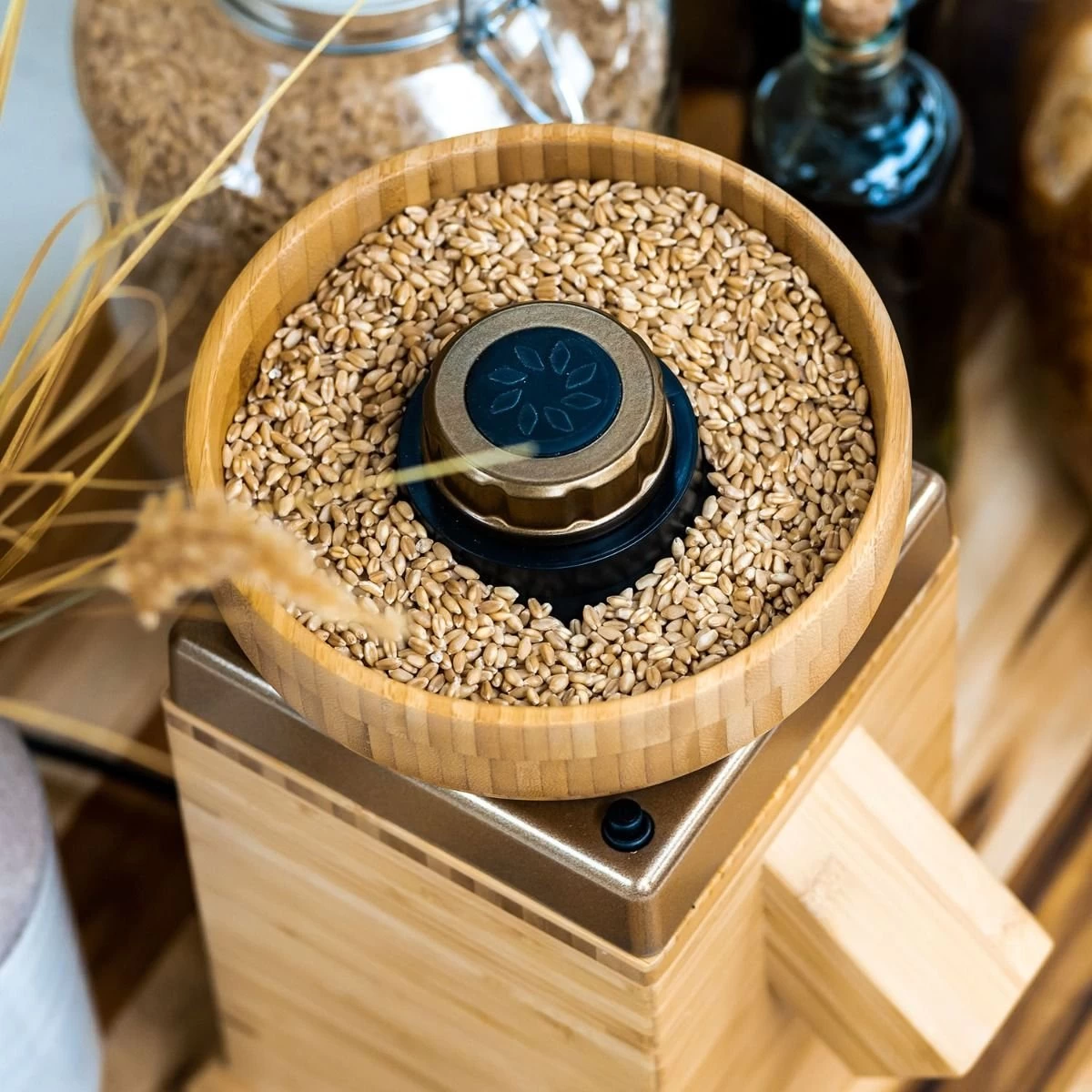 NutriMill Harvest Grain Mill | Gold + Cutting Board & Canister Bundle - Image 6